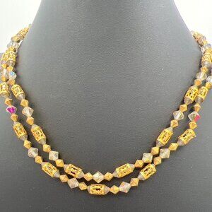 Vtg Double Strand 18" Beaded Necklace GoldTone AB Crystal Bicone Filigree Tubes
